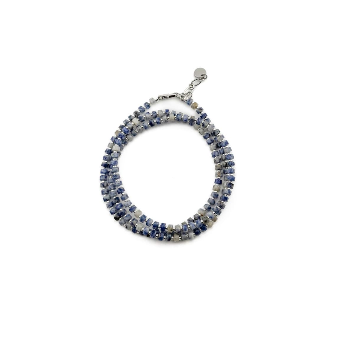 Beaded bracelet with blue and silver accents on a white background