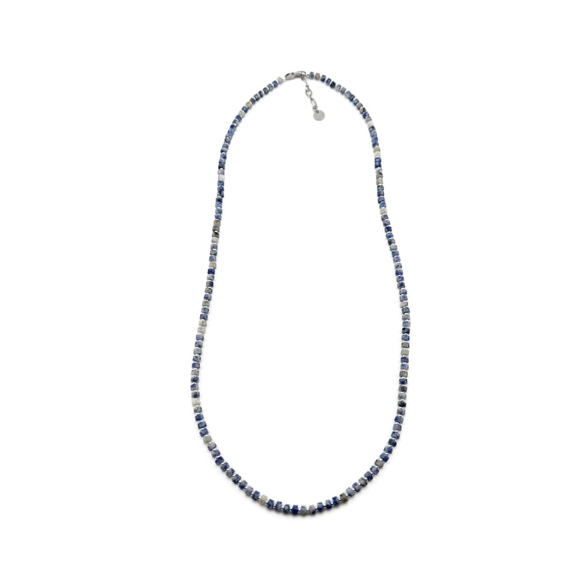 Necklace with blue and silver beads on a white background