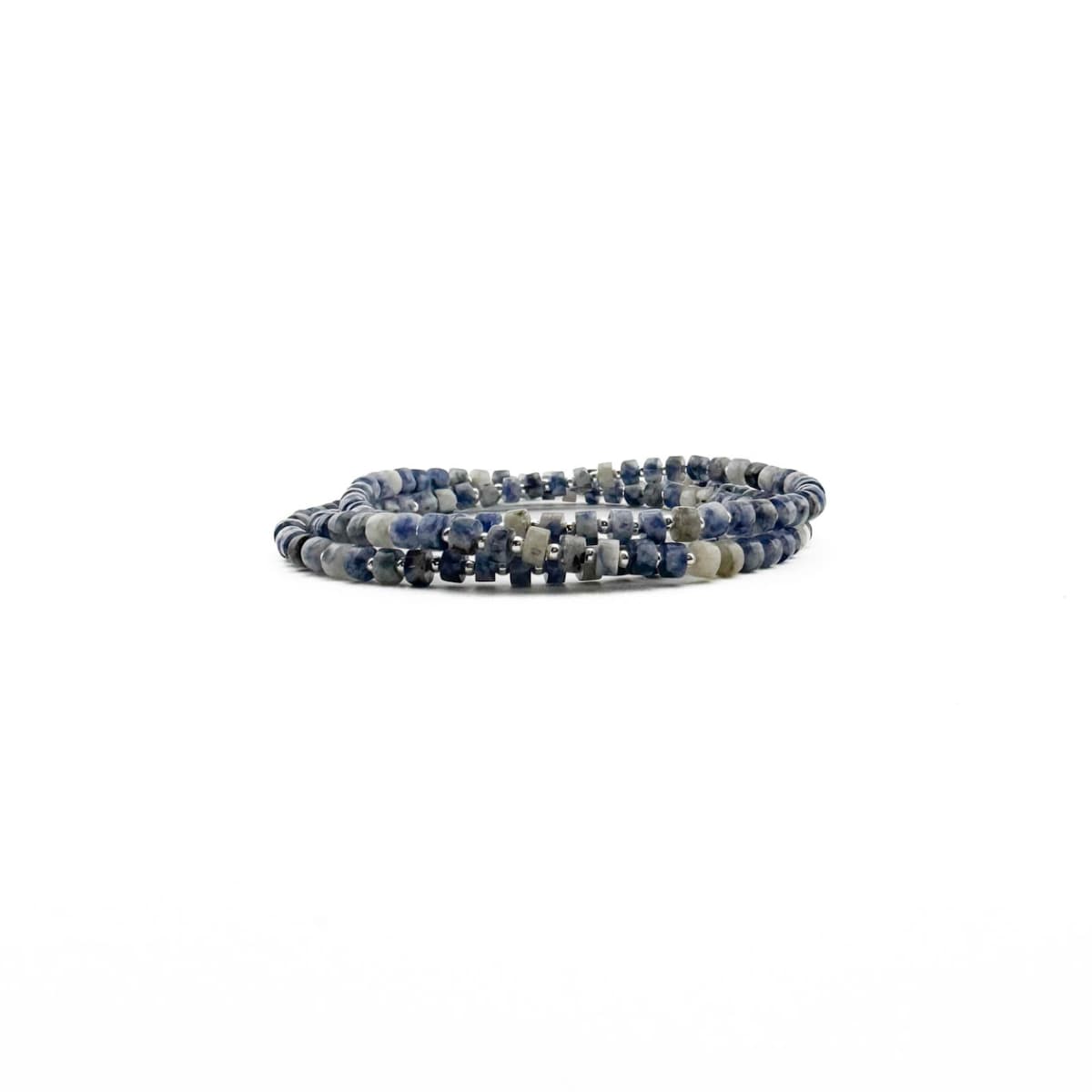 Set of three blue beaded bracelets on a white background
