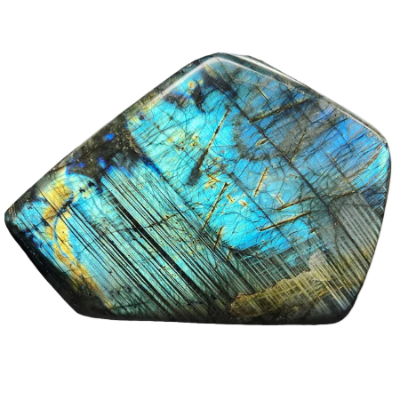 Labradorite stone with blue and green patterns on a white background