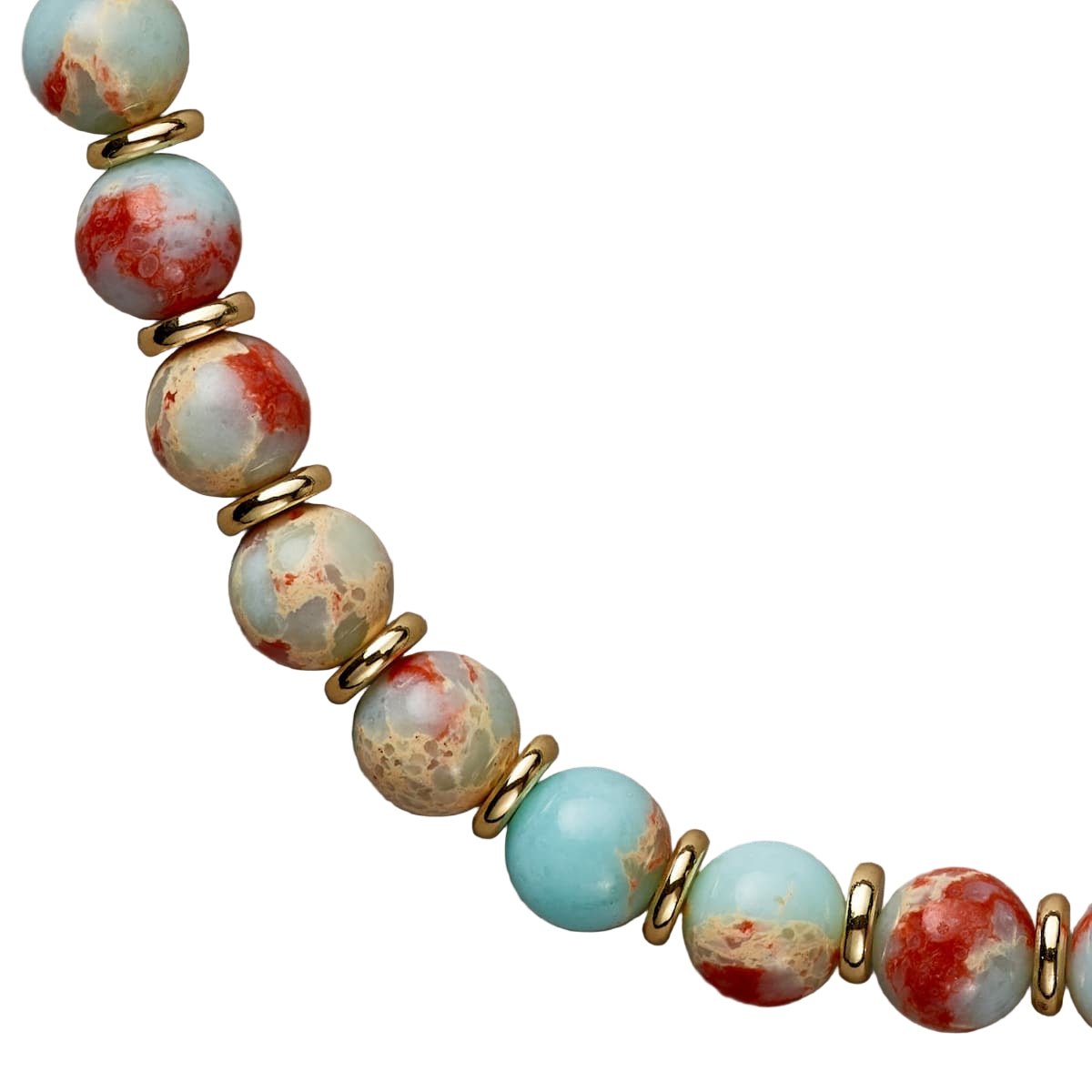 Necklace with marbled beads and gold clasps on a white background